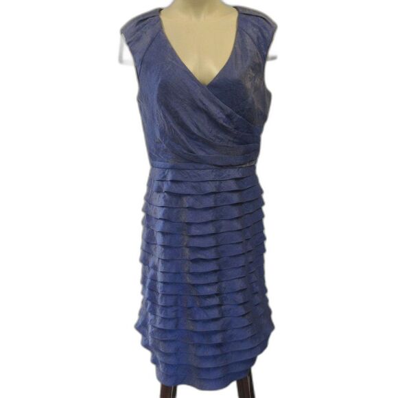 ADRIANA PAPELL Sleeveless V-Neck Faux Wrap Tiered Ruffle Dress Sz 12 Knee Length - Picture 1 of 15